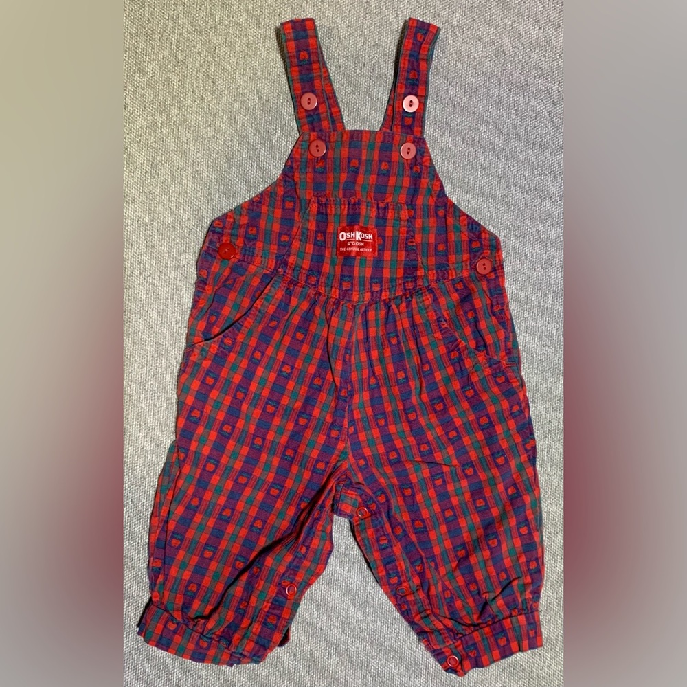 Vintage OshKosh B'gosh Vestbak Plaid Apple Overalls Size 12M